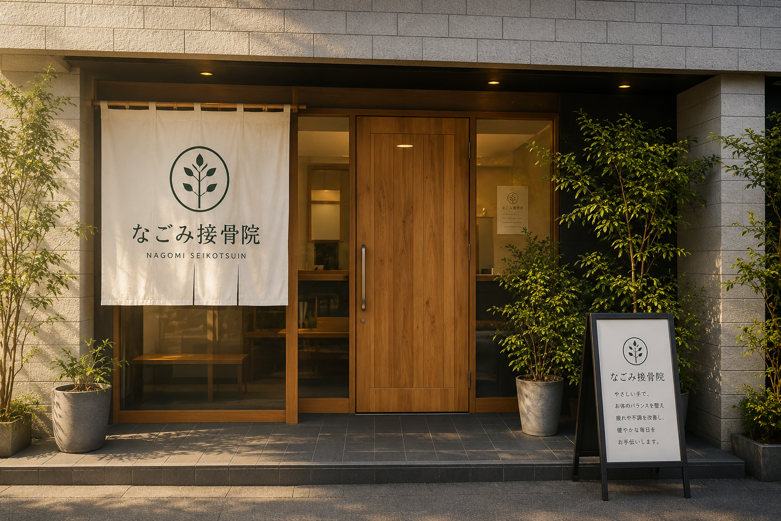 なごみ接骨院のエントランス・木製の上品なドアに「なごみ接骨院」の暖簾、植栽と立て看板