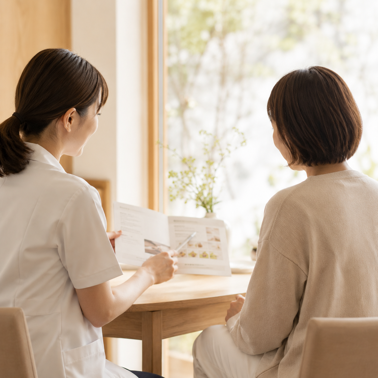 丁寧なカウンセリングの様子。資料を見ながら、患者さまと穏やかにお話しします。