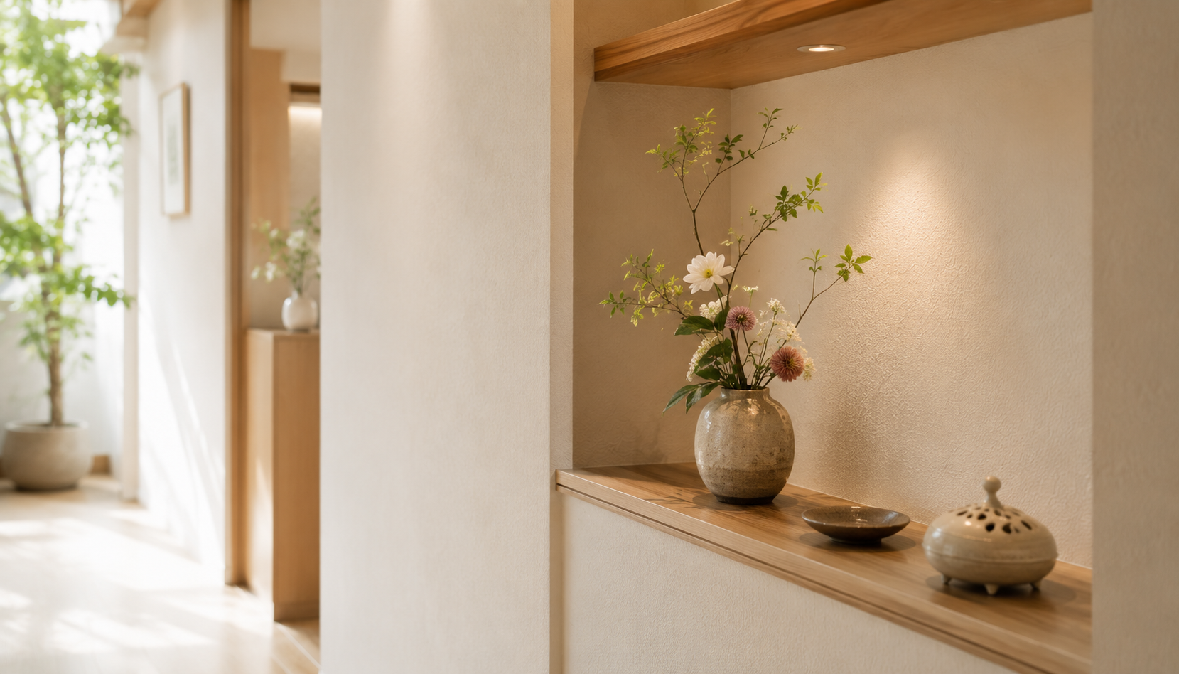 壁のニッチに飾られた季節の生け花。さりげない美意識のディテール。