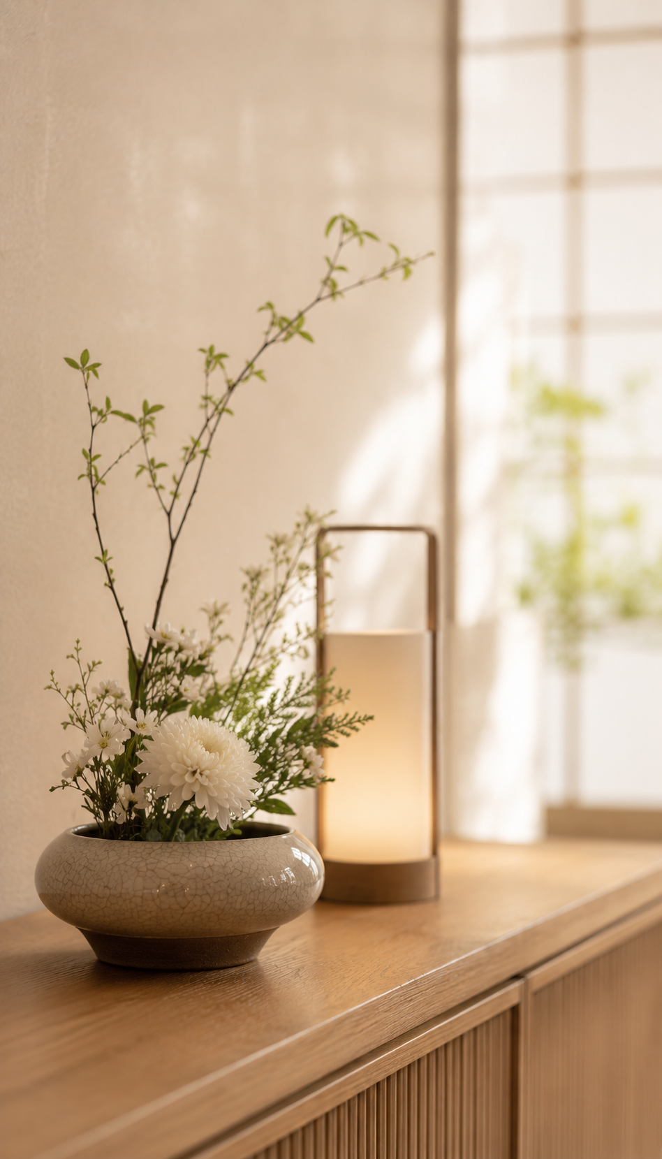 院内の落ち着いた調度品。生け花と和の灯りが、京都らしい品格を伝えます。