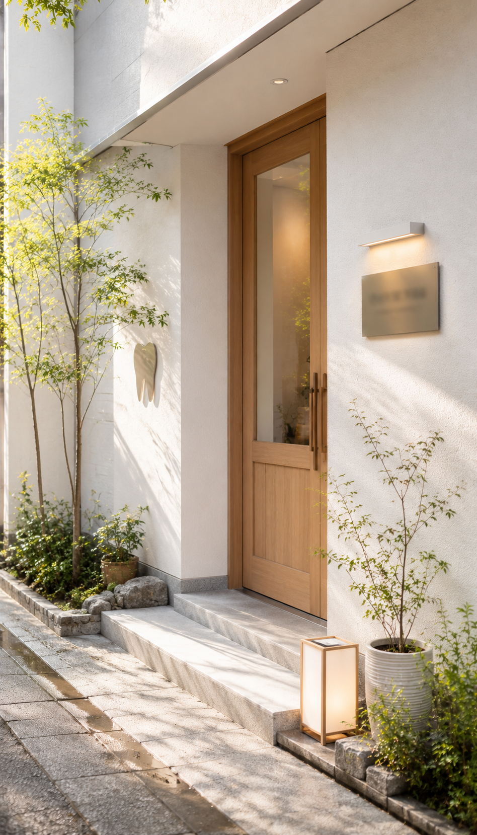 医院のエントランス。木製の上品なドアと、京都らしい植栽がお迎えします。